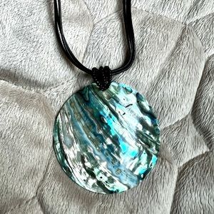 Huge abalone shell necklace with black cord, lobster clasp.